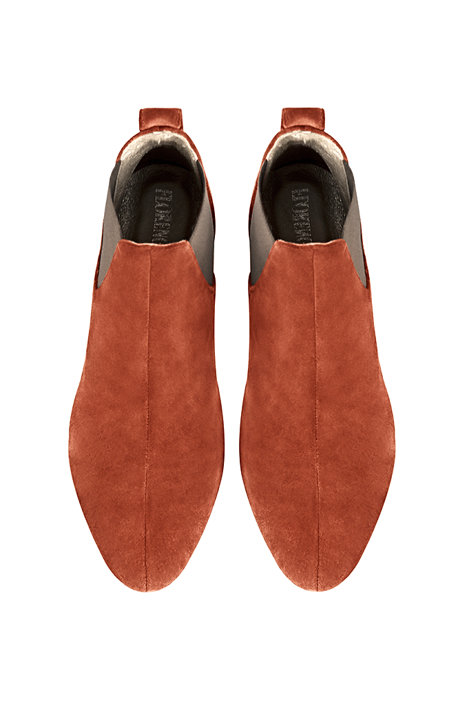 Terracotta orange and taupe brown women's ankle boots, with elastics. Round toe. Medium block heels. Top view - Florence KOOIJMAN